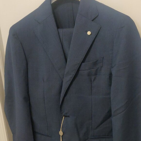 LBM 1911 Lubiam navy check 36US 46EU slim skinny fit unlined low rise 100% wool - Picture 1 of 10